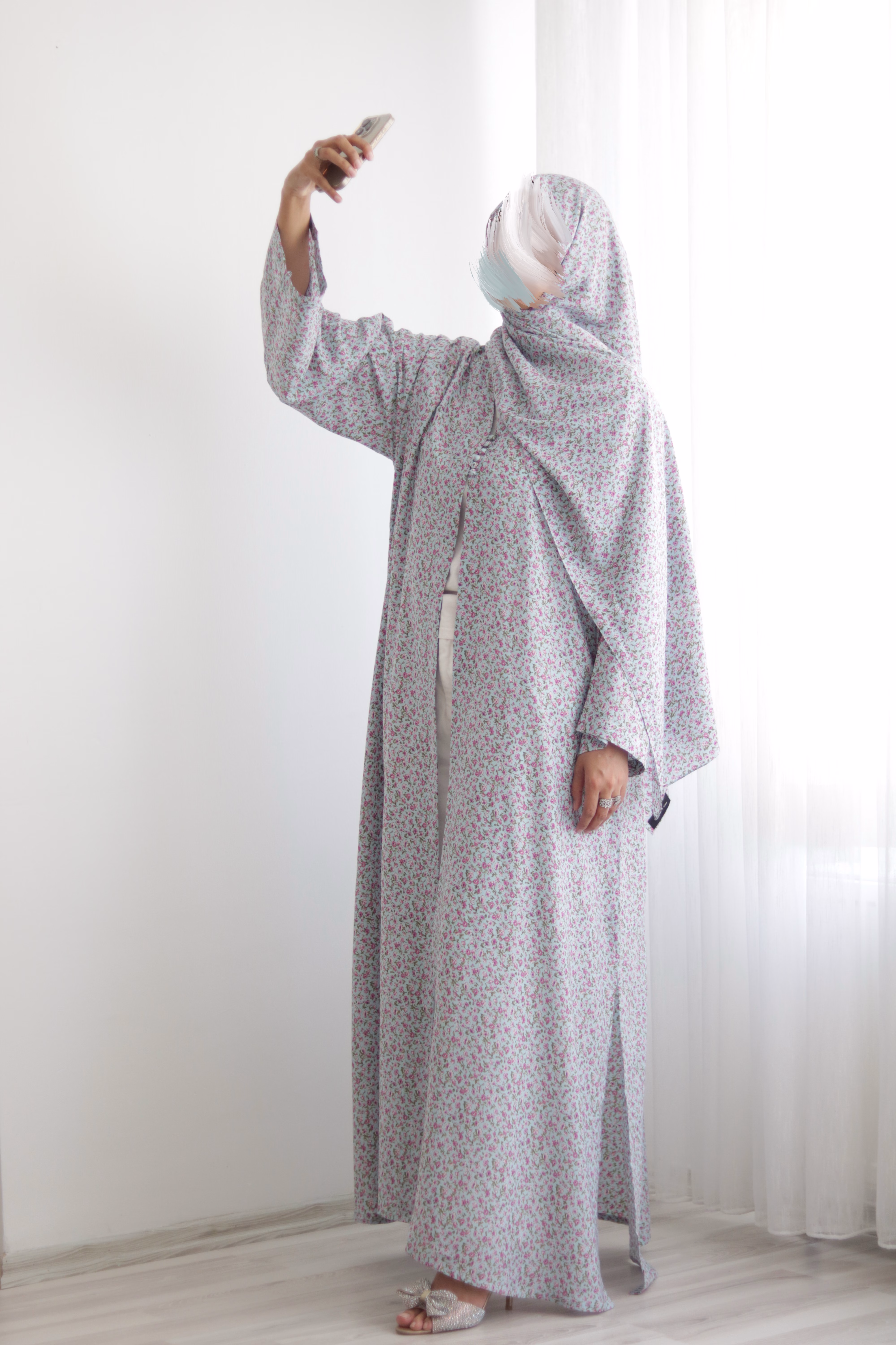 Turquoise Floral Kimono Abaya - Image 9