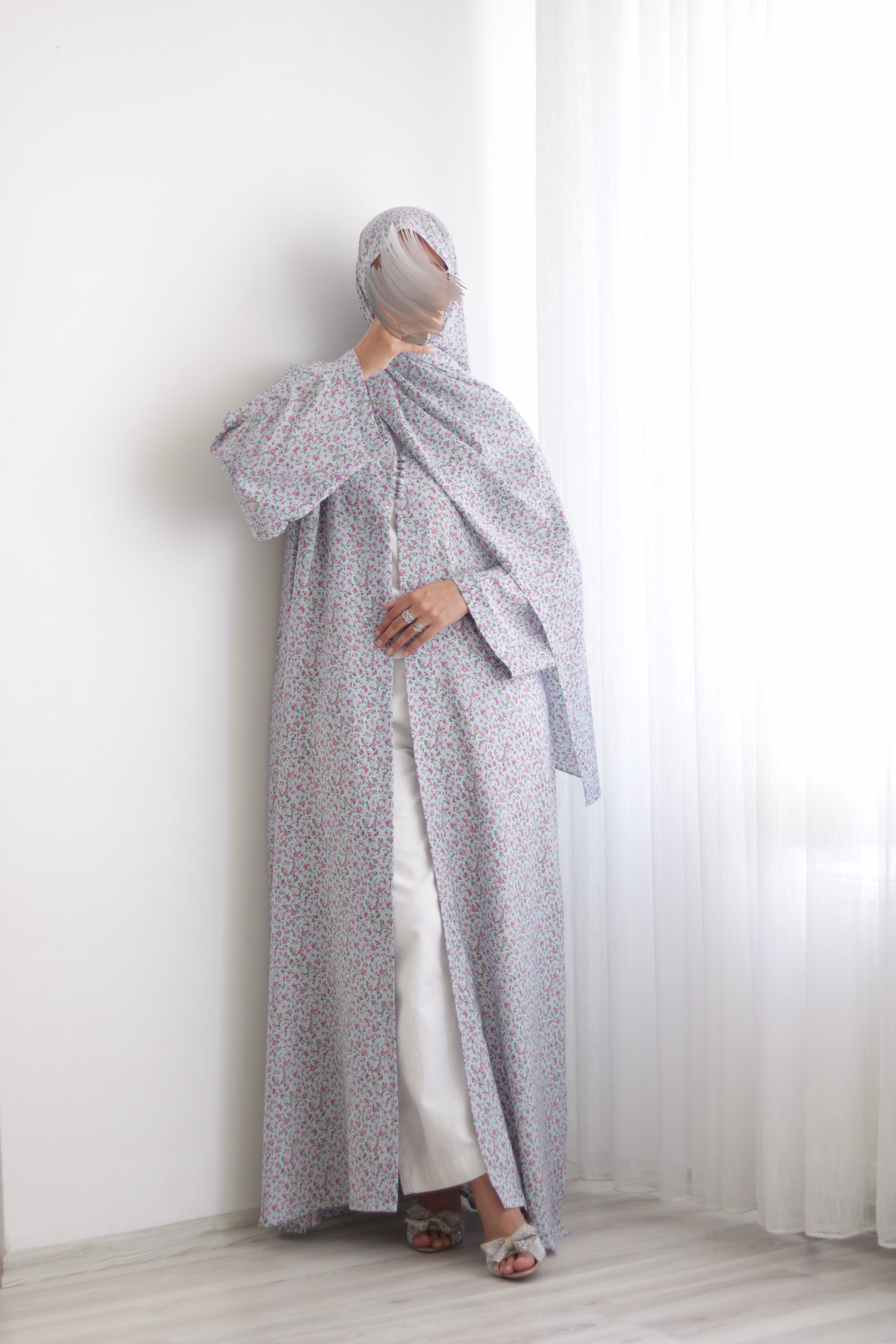 Turquoise Floral Kimono Abaya - Image 11